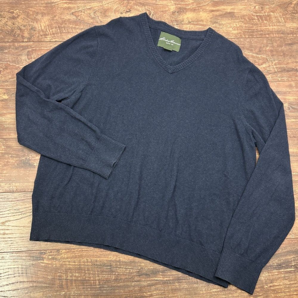 Eddie Bauer Sweater Mens XL Navy Blue‎ Long Sleeve Cotton Cashmere Pullover
